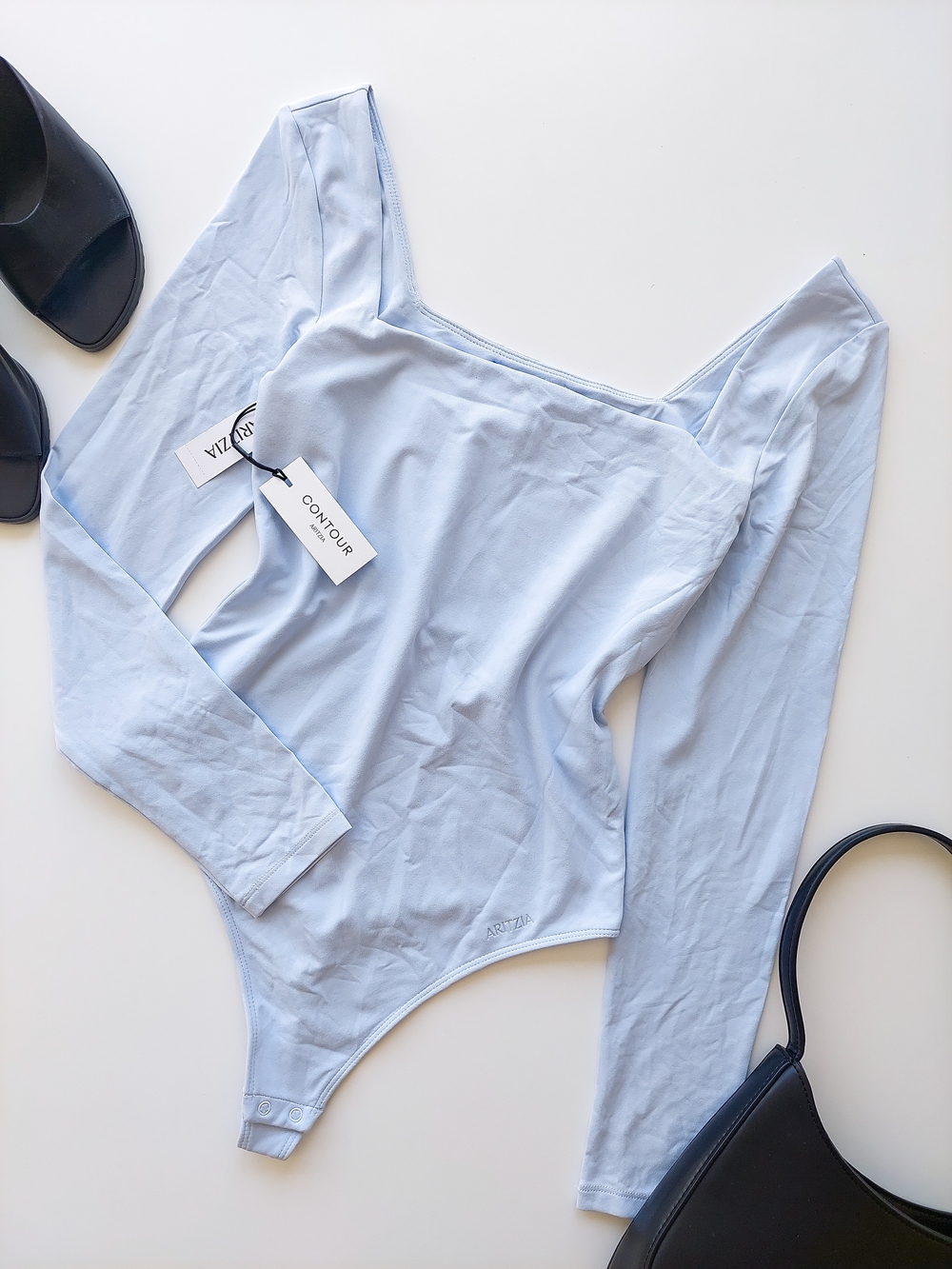 Aritzia Contour M Bodysuit Cruise Blue Long Sleeve Square Neck NWT Minimalist
